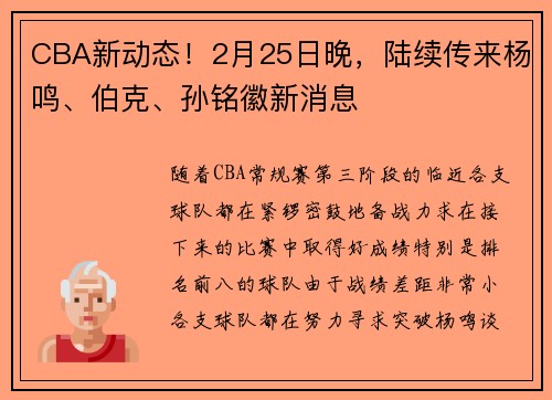 CBA新动态！2月25日晚，陆续传来杨鸣、伯克、孙铭徽新消息