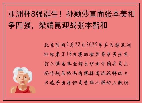 亚洲杯8强诞生！孙颖莎直面张本美和争四强，梁靖崑迎战张本智和