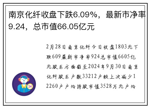 南京化纤收盘下跌6.09%，最新市净率9.24，总市值66.05亿元