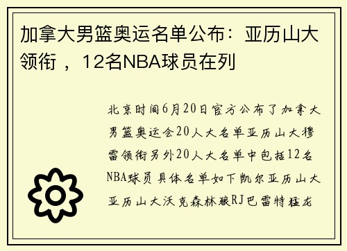加拿大男篮奥运名单公布：亚历山大领衔 ，12名NBA球员在列