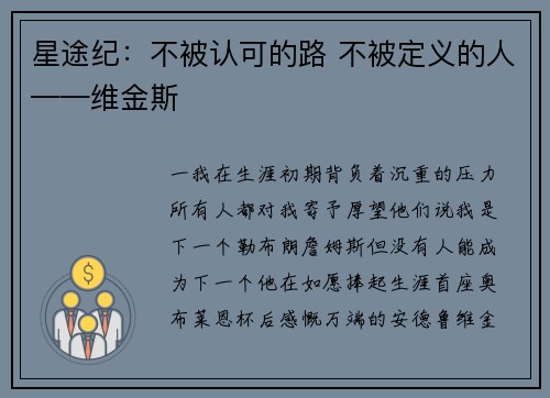 星途纪：不被认可的路 不被定义的人——维金斯